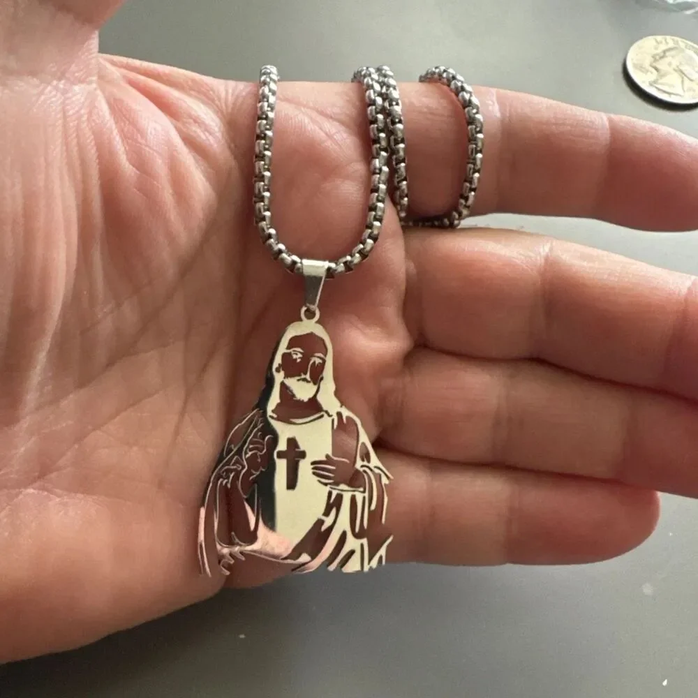 Cross Jesus Christ Cut Out Pendant Stainless Steel 24” Chain Faith Catholic Gift